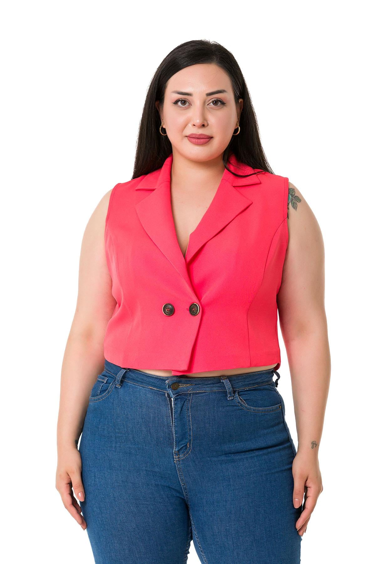 Plus Size Double Breasted Double Button Coral Mini Vest