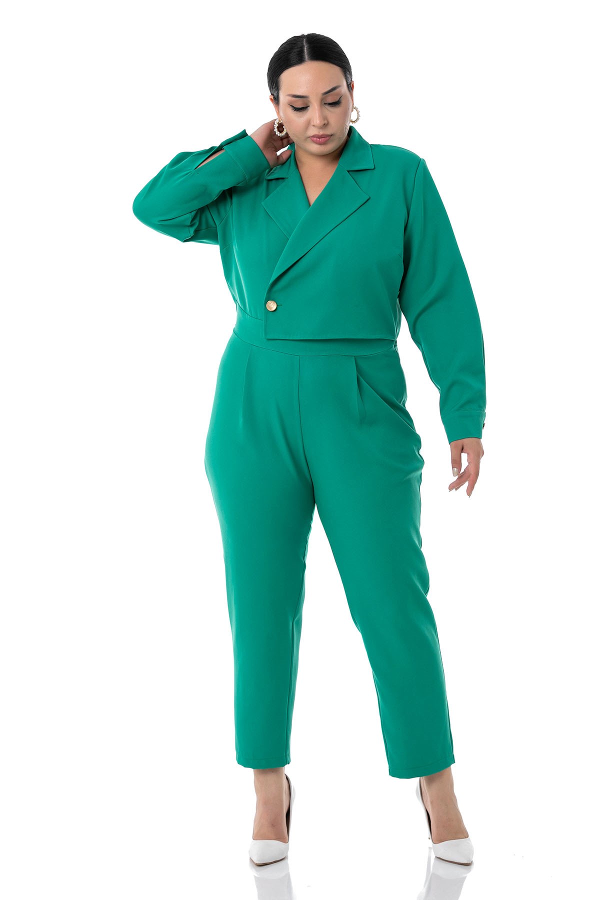 Plus Size Long Sleeve Green Jumpsuit with Elastic Waist