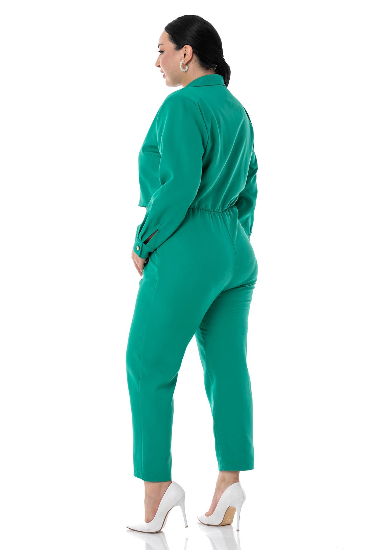 Plus Size Long Sleeve Green Jumpsuit with Elastic Waist