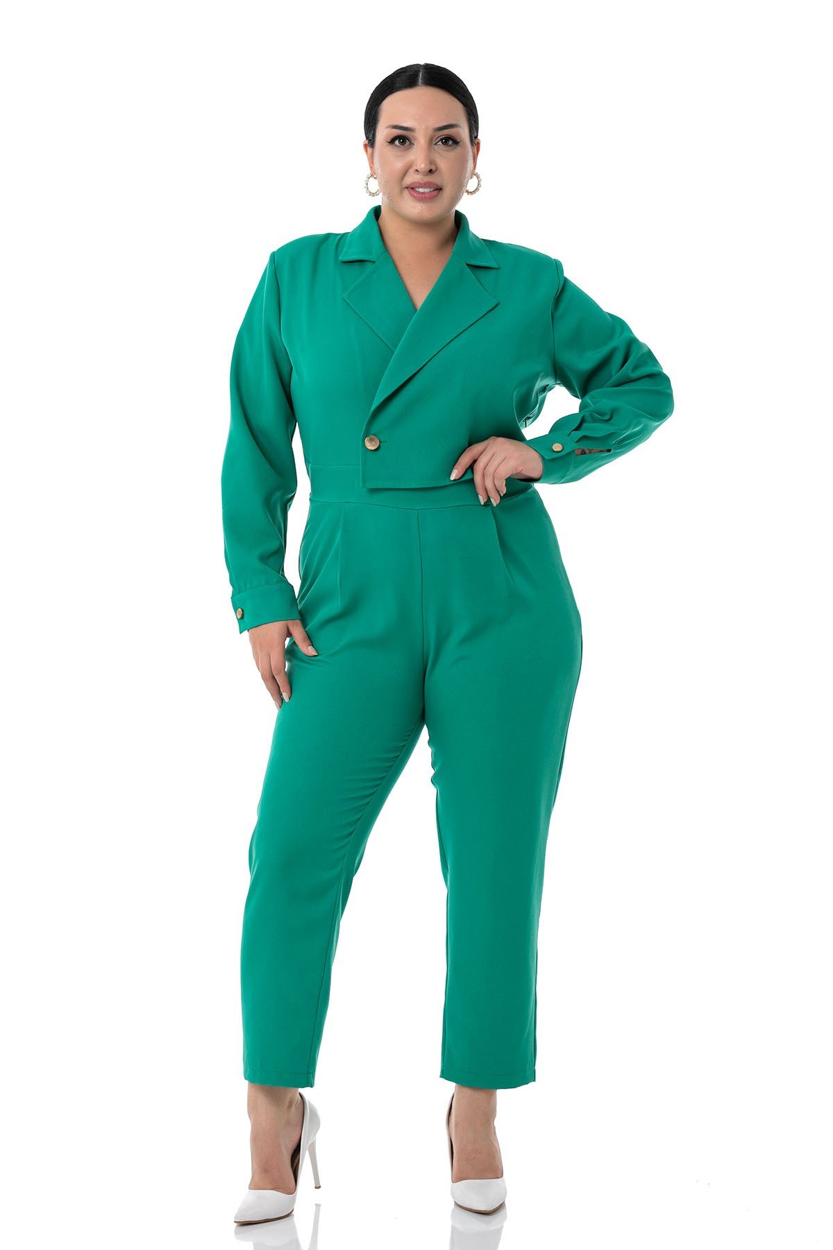 Plus Size Long Sleeve Green Jumpsuit with Elastic Waist