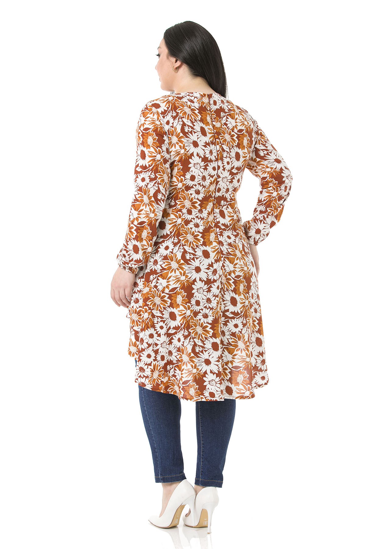 Plus Size Double Breasted Back Zipper Long Back Floral Brown Tunic