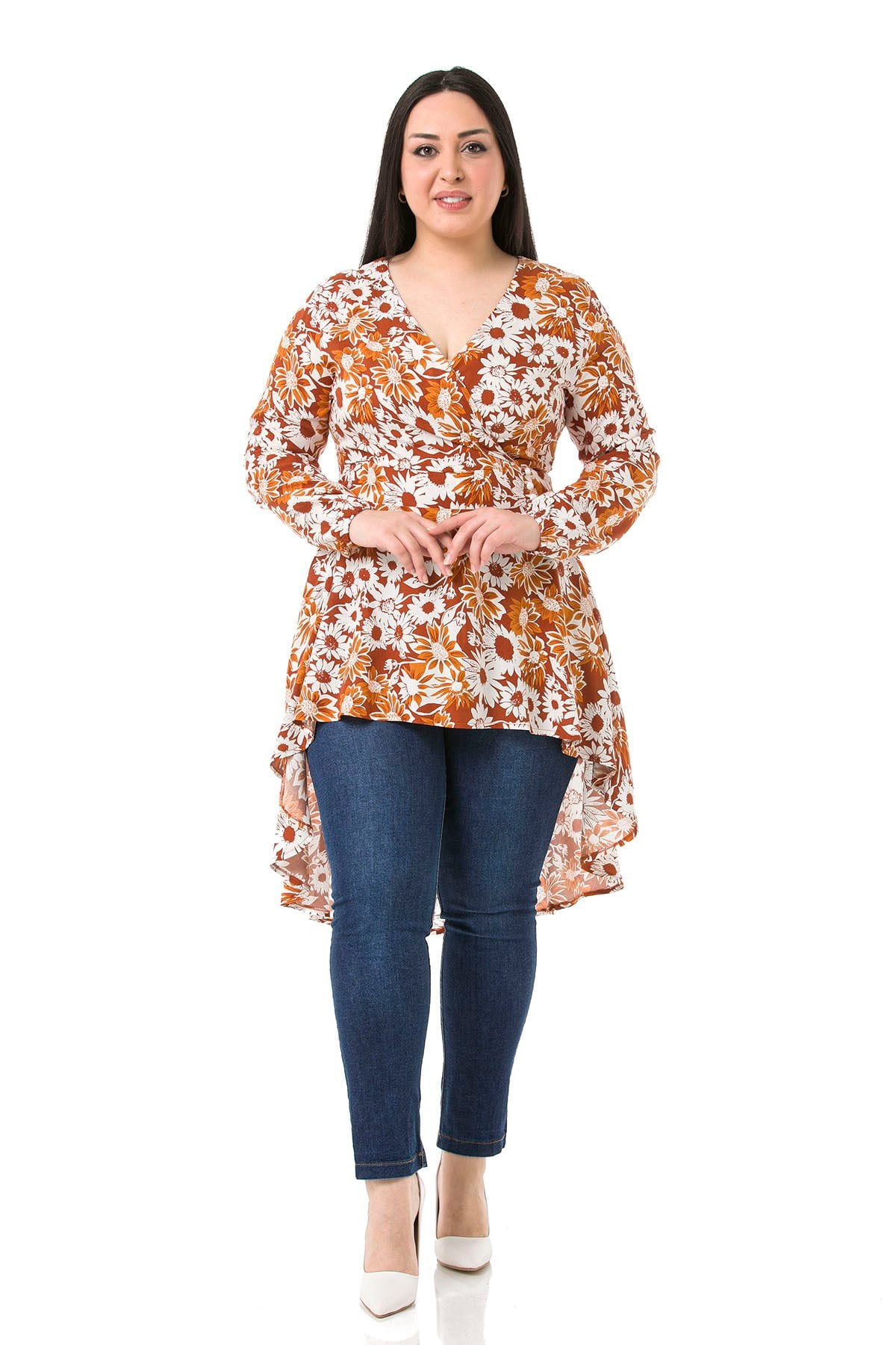 Plus Size Double Breasted Back Zipper Long Back Floral Brown Tunic