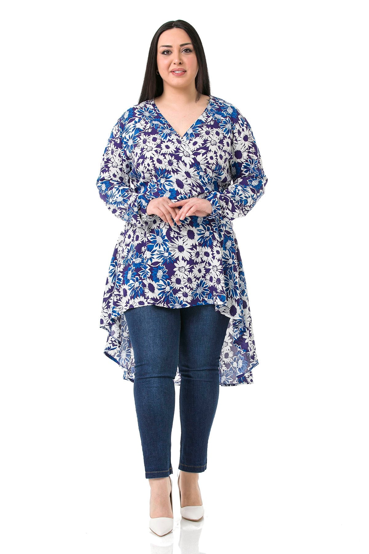 Plus Size Double Breasted Back Zipper Long Back Floral Navy Blue Tunic