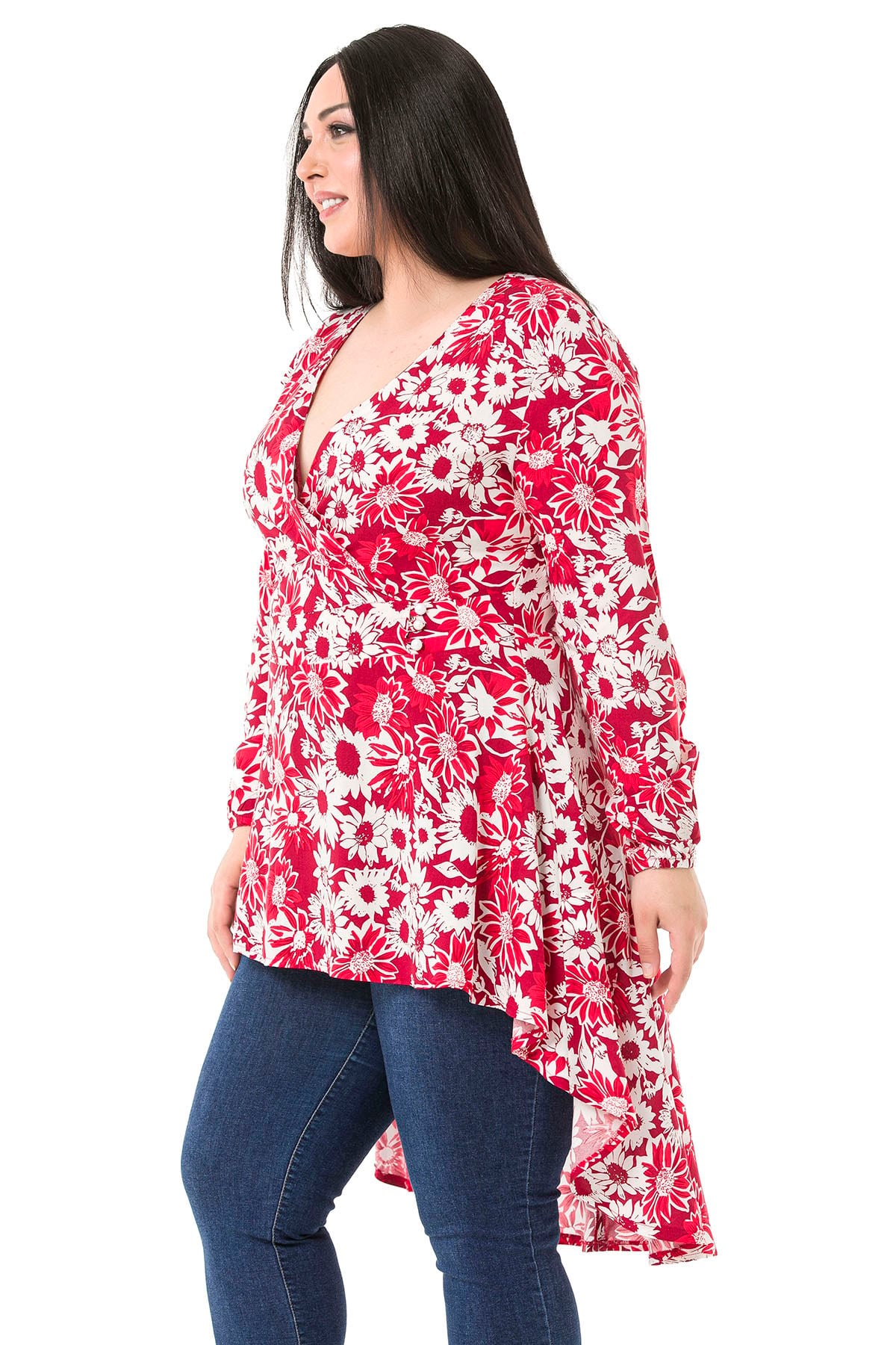 Plus Size Double Breasted Back Zipper Long Back Floral Red Tunic