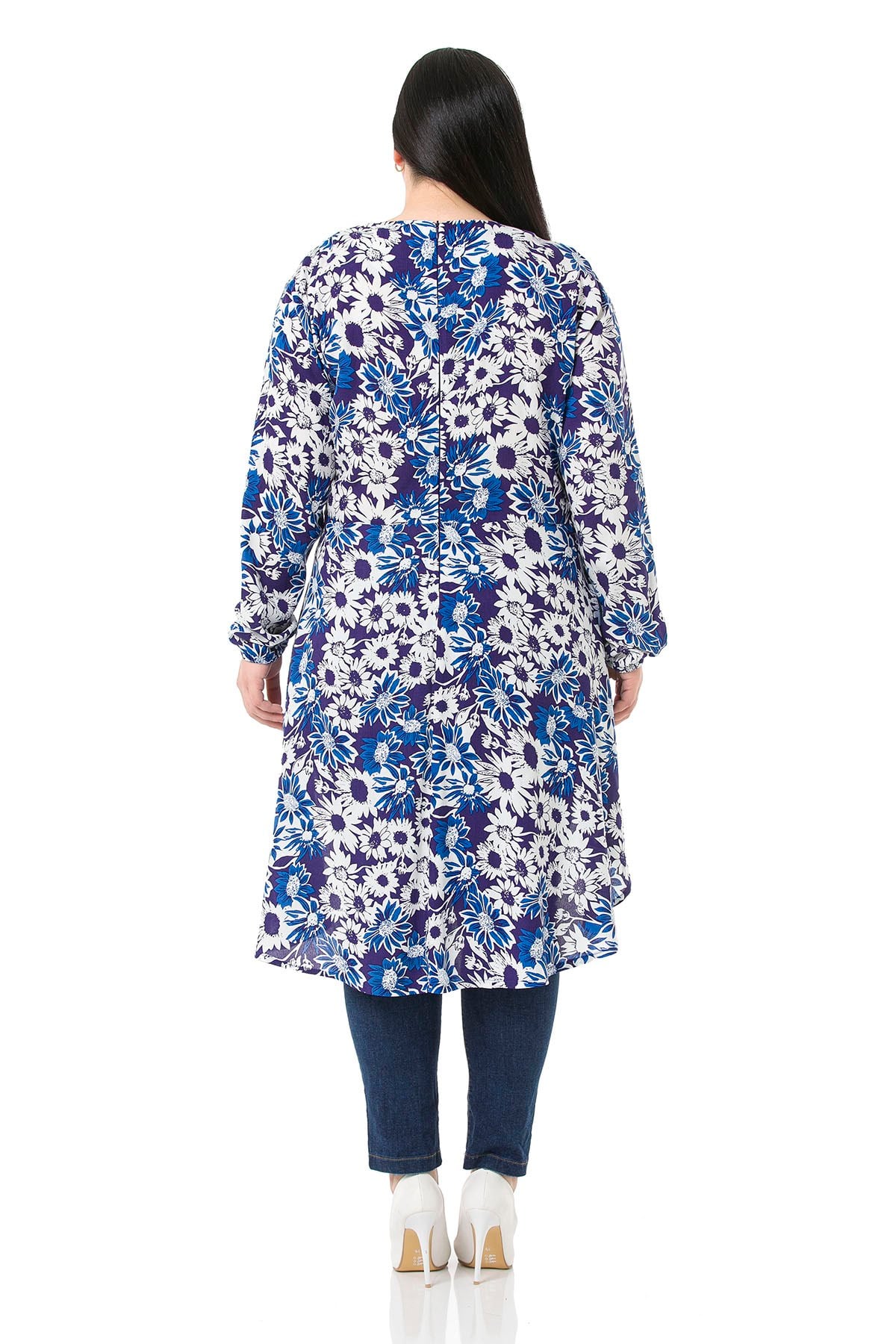Plus Size Double Breasted Back Zipper Long Back Floral Navy Blue Tunic