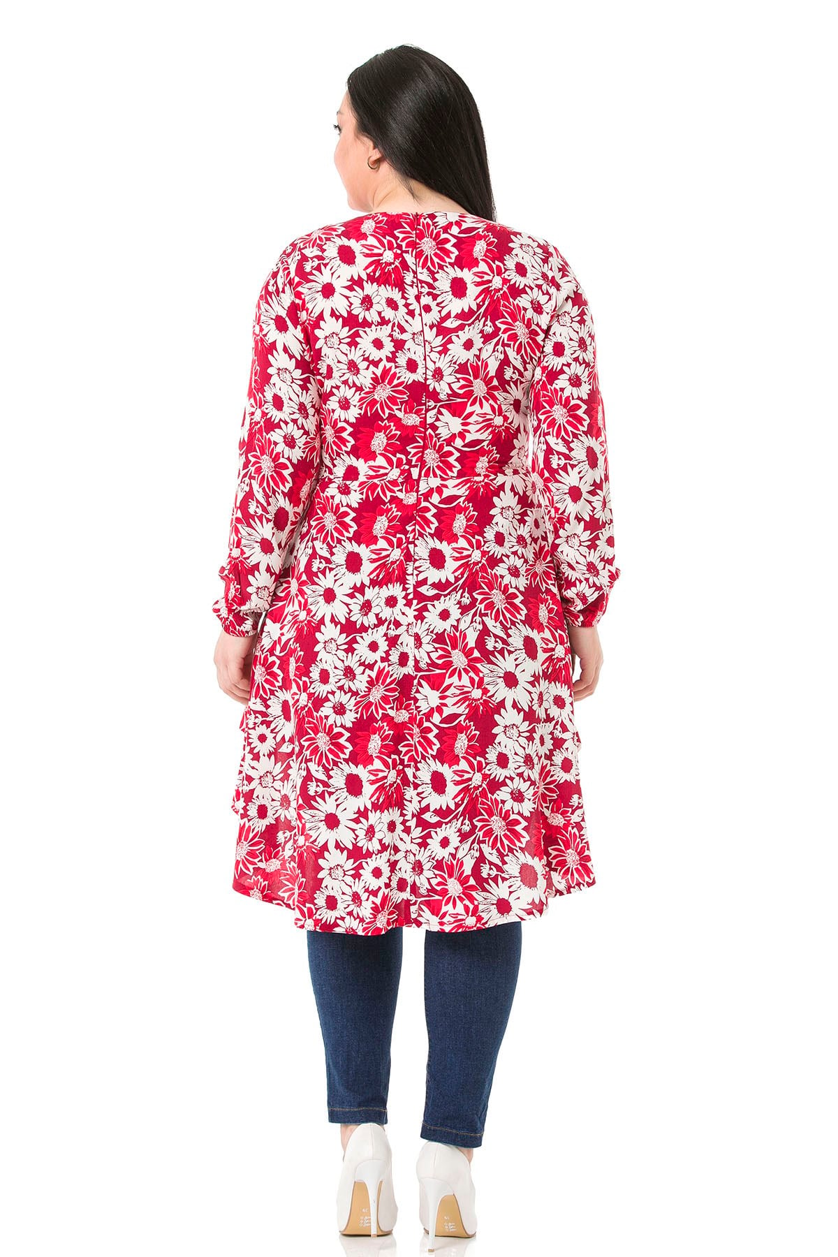 Plus Size Double Breasted Back Zipper Long Back Floral Red Tunic
