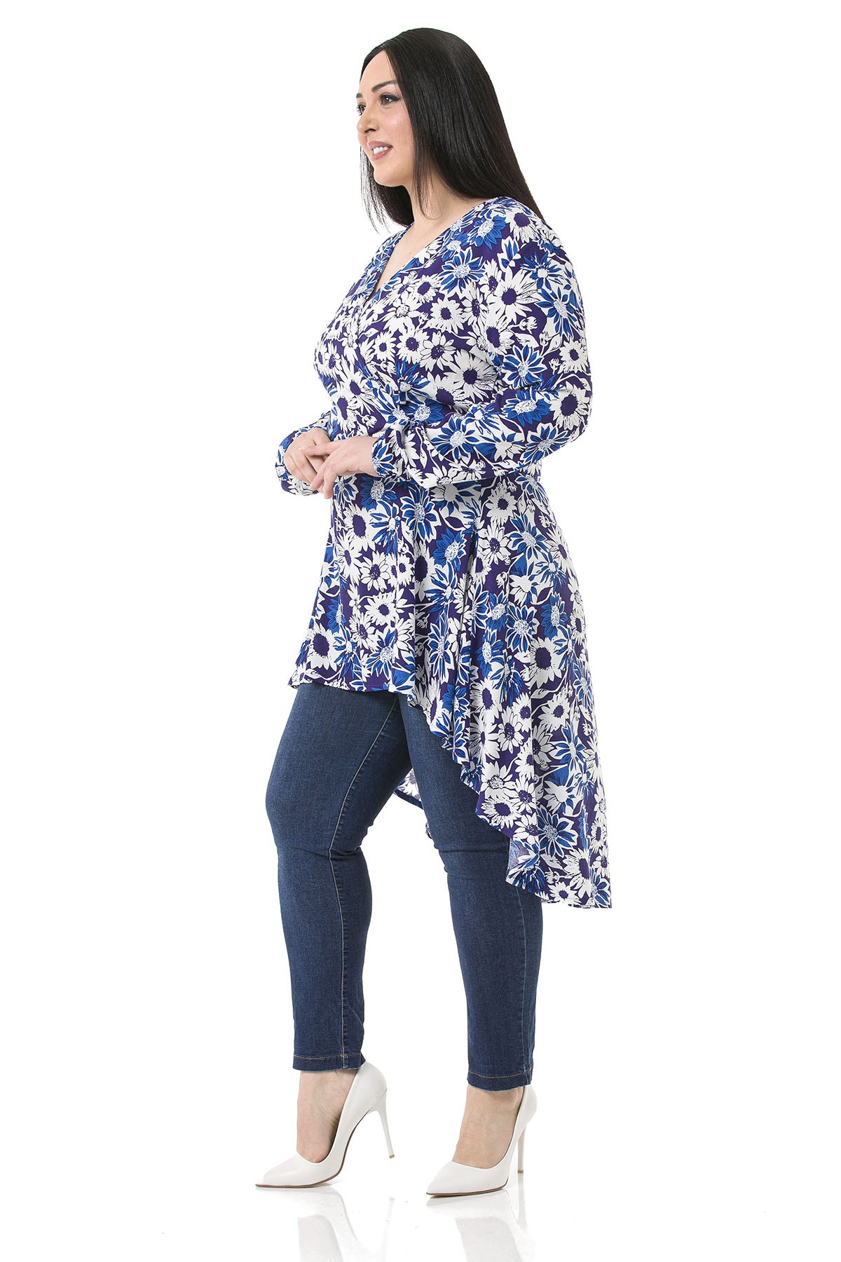 Plus Size Double Breasted Back Zipper Long Back Floral Navy Blue Tunic