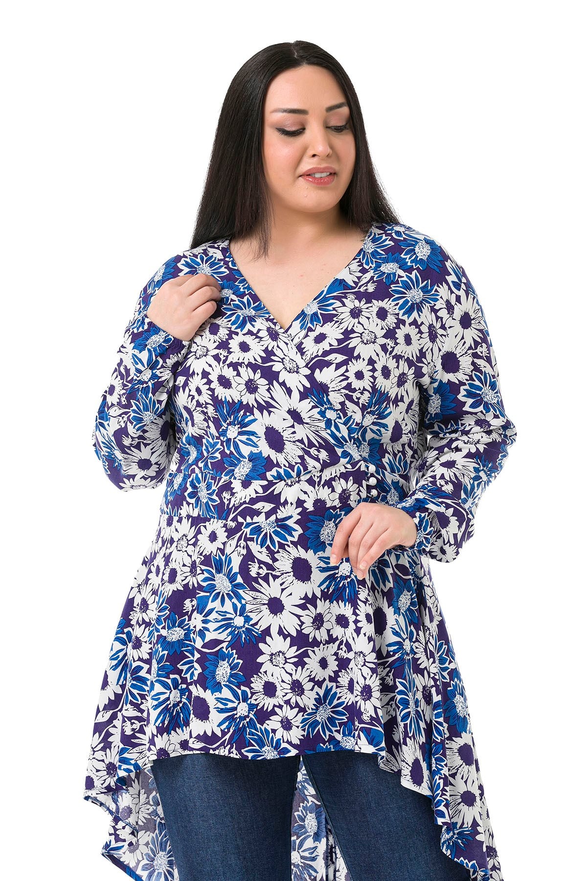 Plus Size Double Breasted Back Zipper Long Back Floral Navy Blue Tunic
