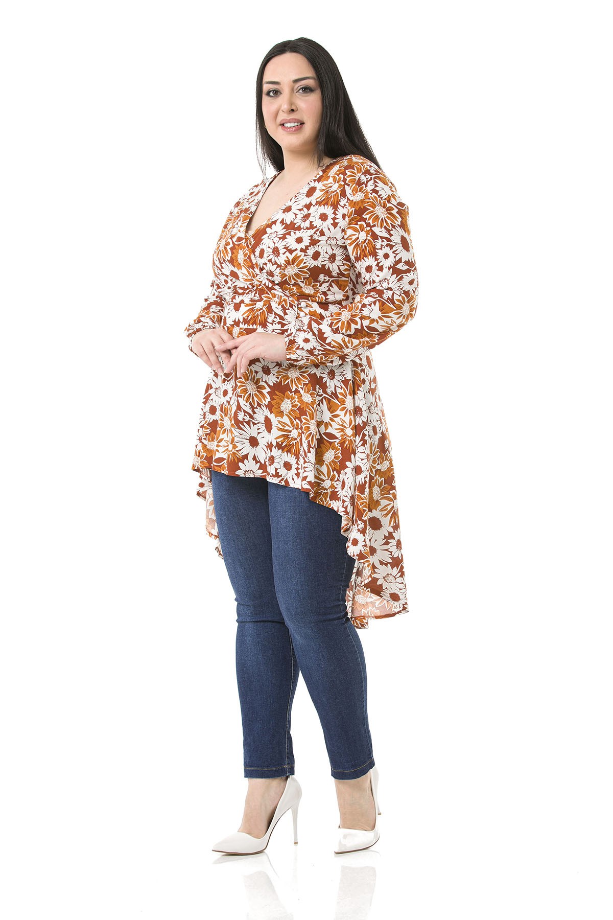 Plus Size Double Breasted Back Zipper Long Back Floral Brown Tunic