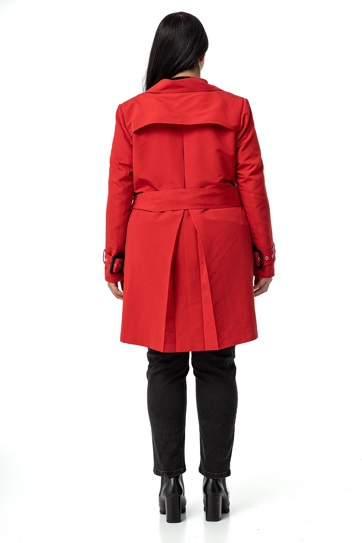 Plus Size Red Trench Coat with Sleeve Tapes