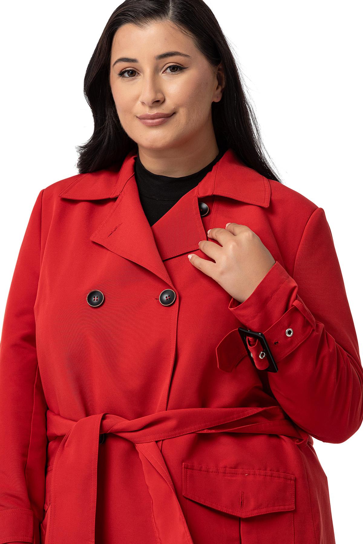 Plus Size Red Trench Coat with Sleeve Tapes