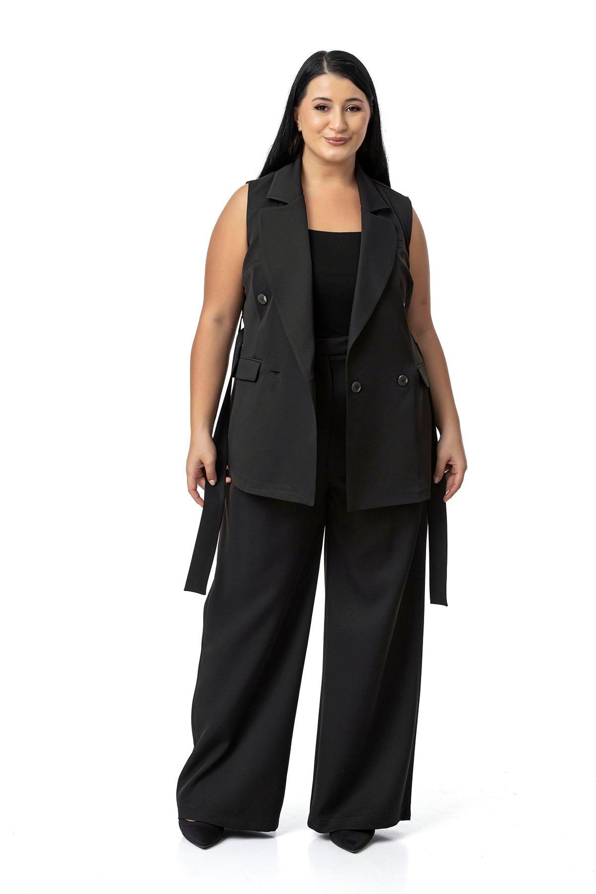 Büyük Beden Kruvaze Yelek Pantolon Siyah İkili Takım