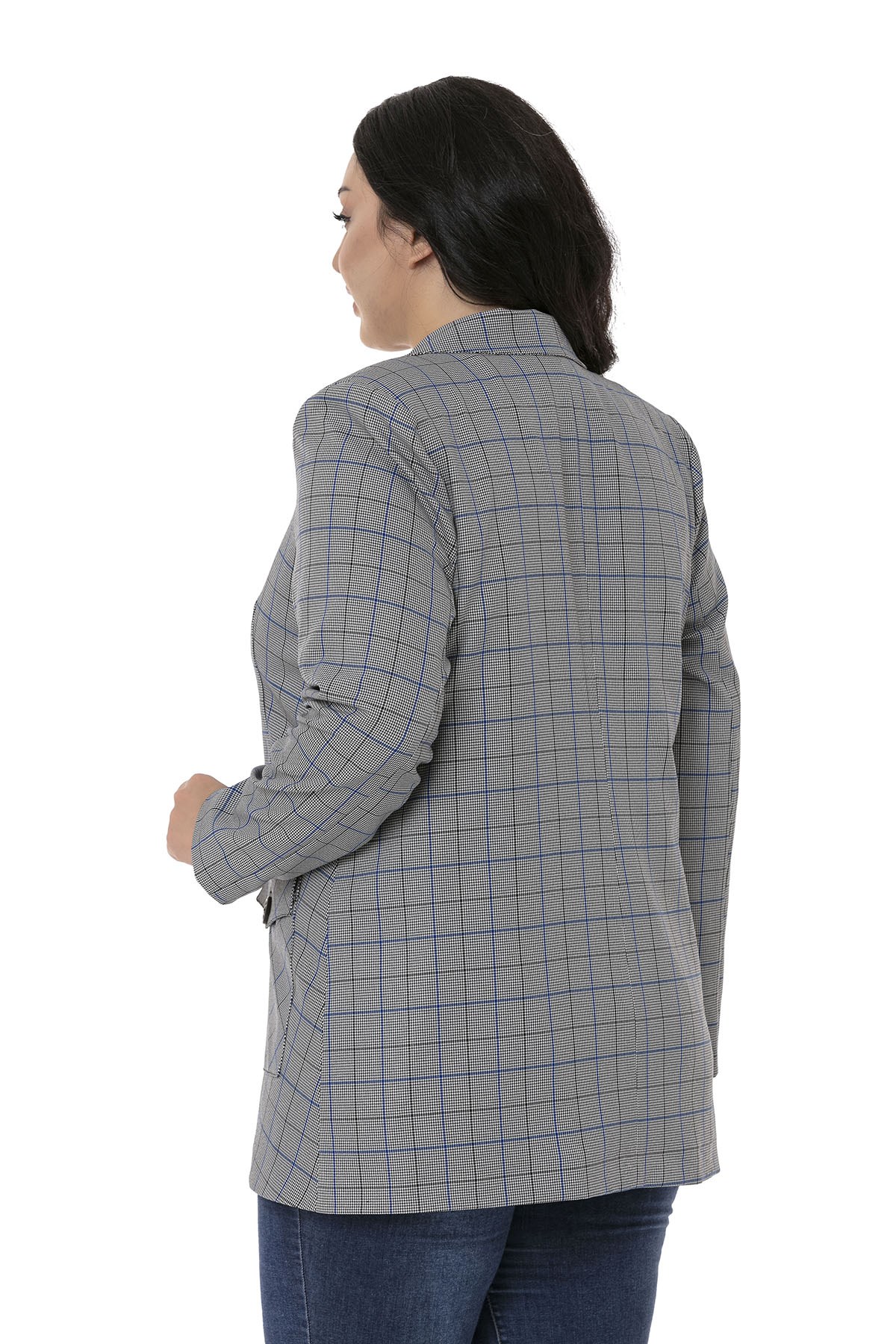Büyük Beden Kuşaklı Düğmeli Kapaklı Cepli Astarlı Blazer Siyah Mavi Ceket