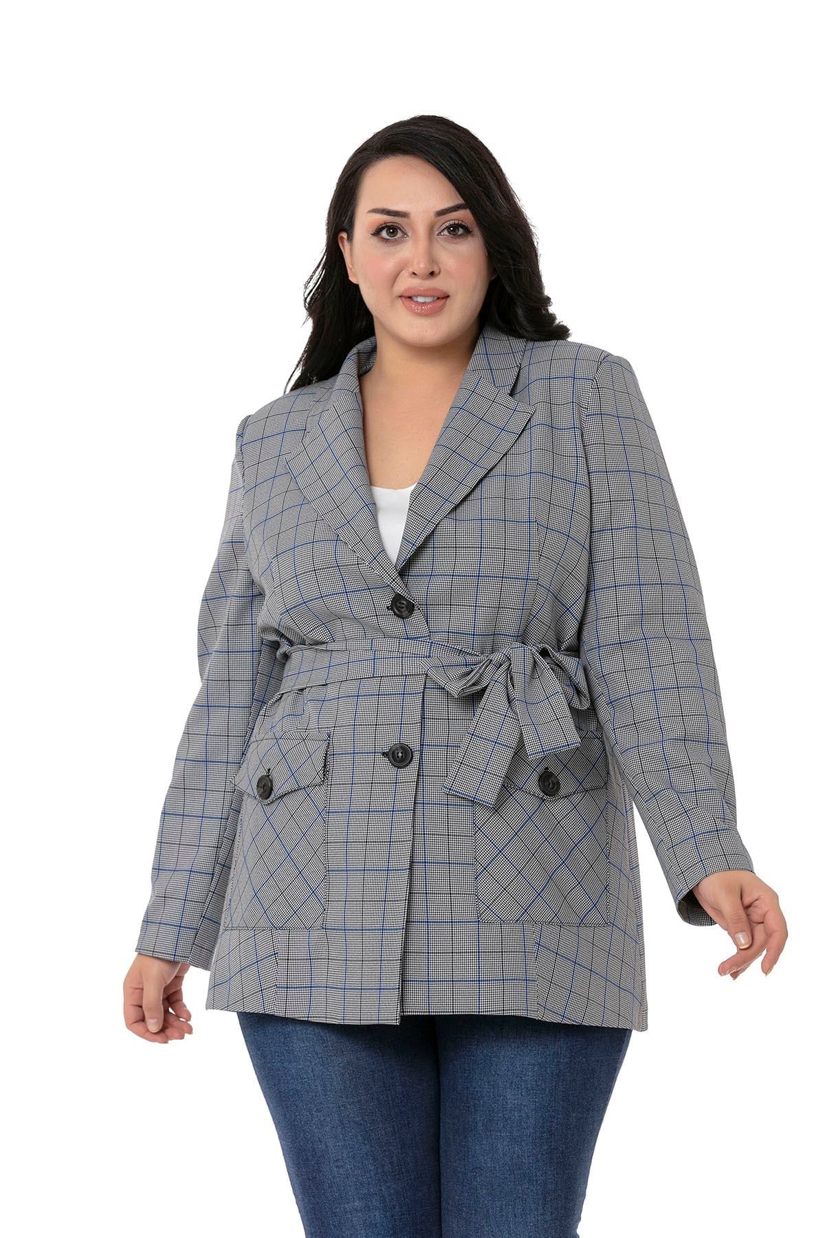 Büyük Beden Kuşaklı Düğmeli Kapaklı Cepli Astarlı Blazer Siyah Mavi Ceket