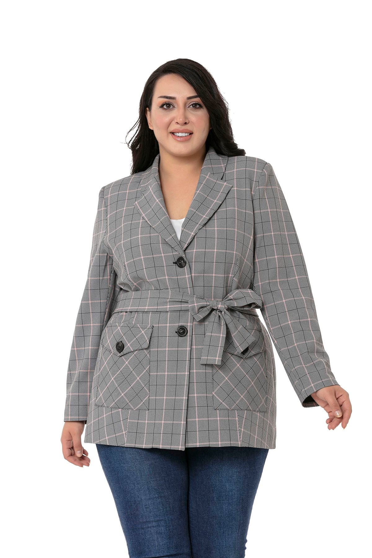 Büyük Beden Kuşaklı Düğmeli Kapaklı Cepli Astarlı Blazer Siyah Pembe Ceket