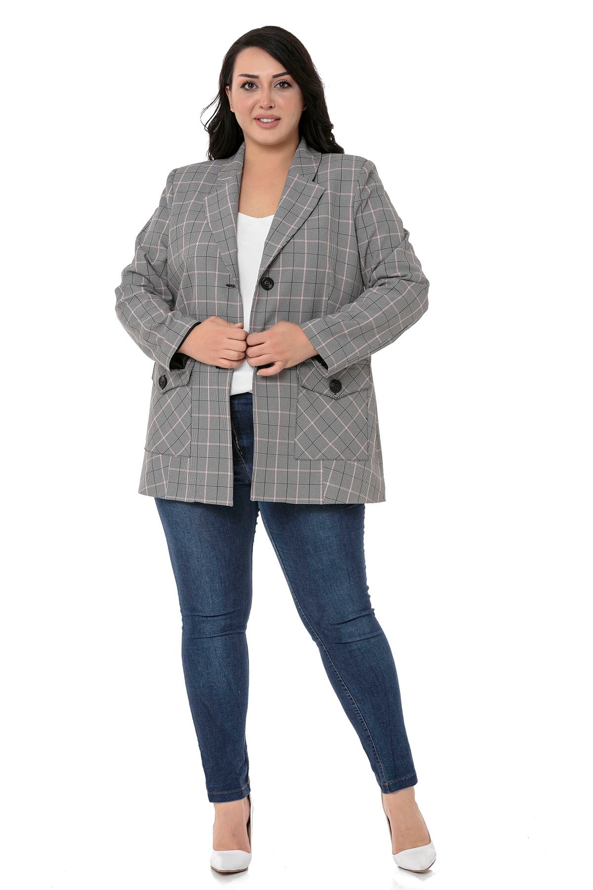 Büyük Beden Kuşaklı Düğmeli Kapaklı Cepli Astarlı Blazer Siyah Pembe Ceket