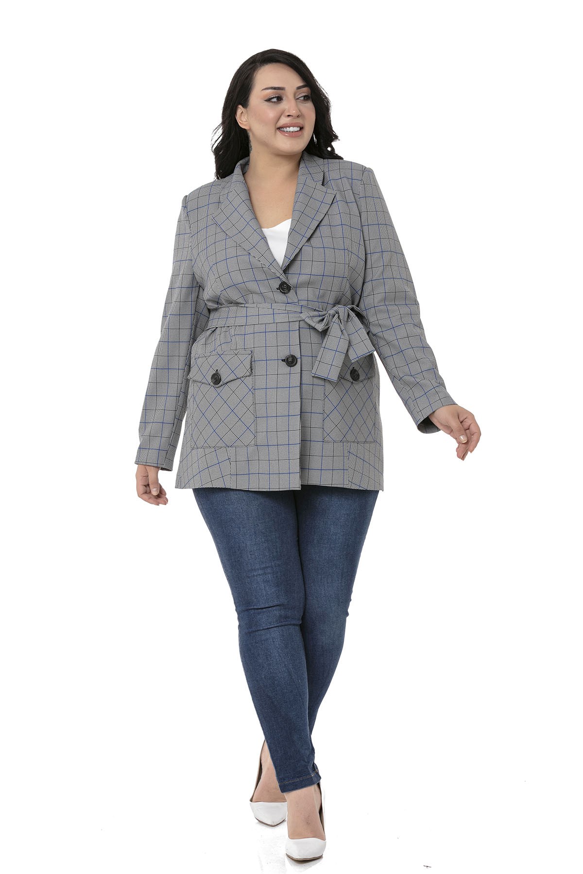 Büyük Beden Kuşaklı Düğmeli Kapaklı Cepli Astarlı Blazer Siyah Mavi Ceket