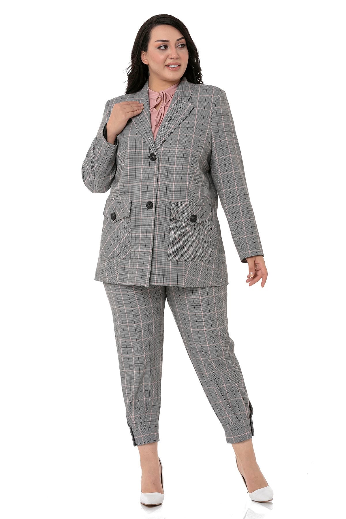 Büyük Beden Kuşaklı Düğmeli Kapaklı Cepli Astarlı Blazer Siyah Pembe Ceket