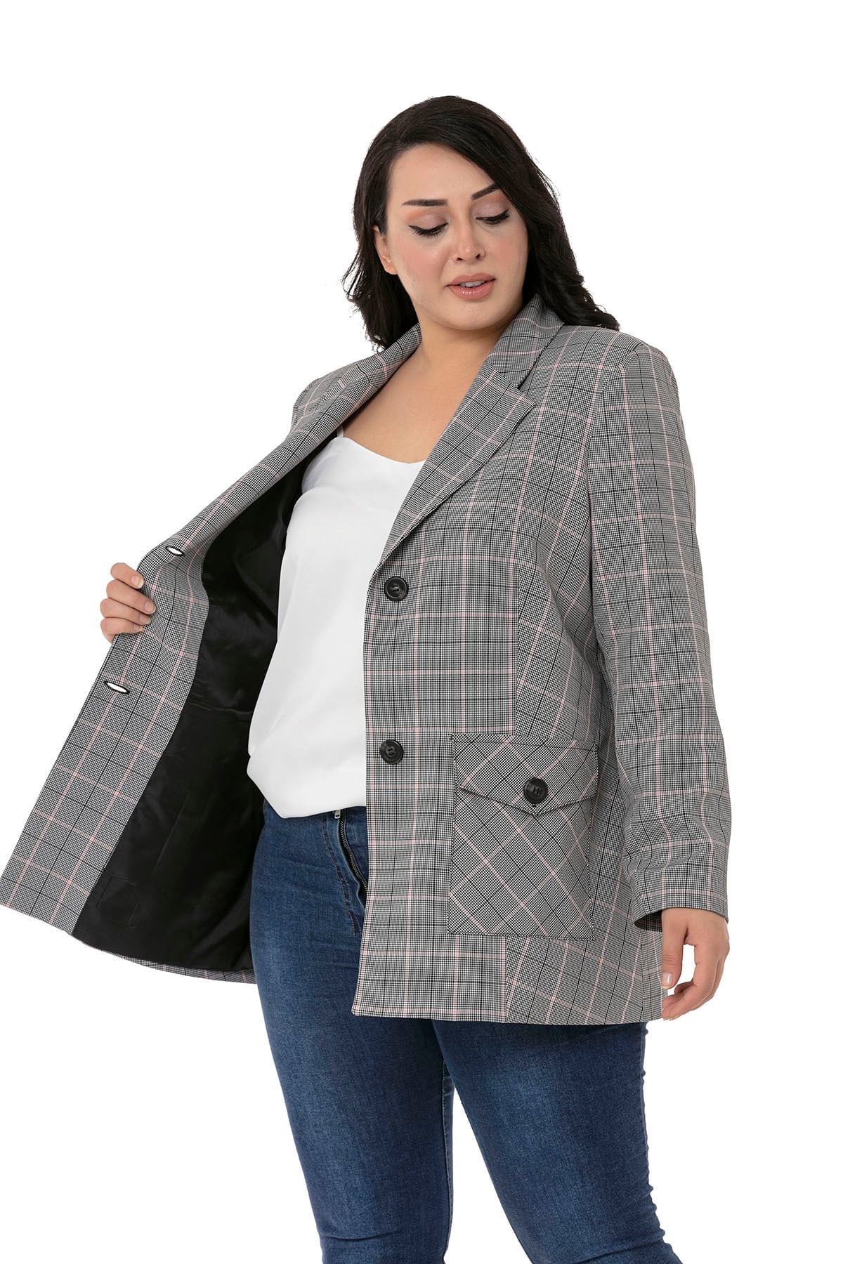 Büyük Beden Kuşaklı Düğmeli Kapaklı Cepli Astarlı Blazer Siyah Pembe Ceket