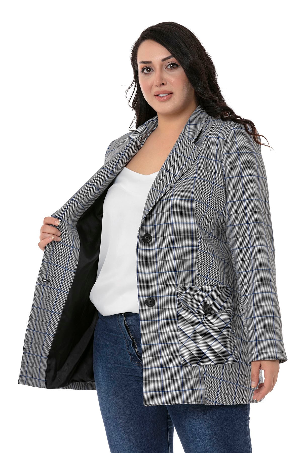 Büyük Beden Kuşaklı Düğmeli Kapaklı Cepli Astarlı Blazer Siyah Mavi Ceket