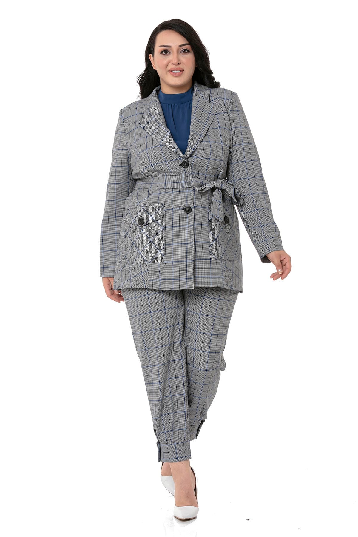 Büyük Beden Kuşaklı Düğmeli Kapaklı Cepli Astarlı Blazer Siyah Mavi Ceket