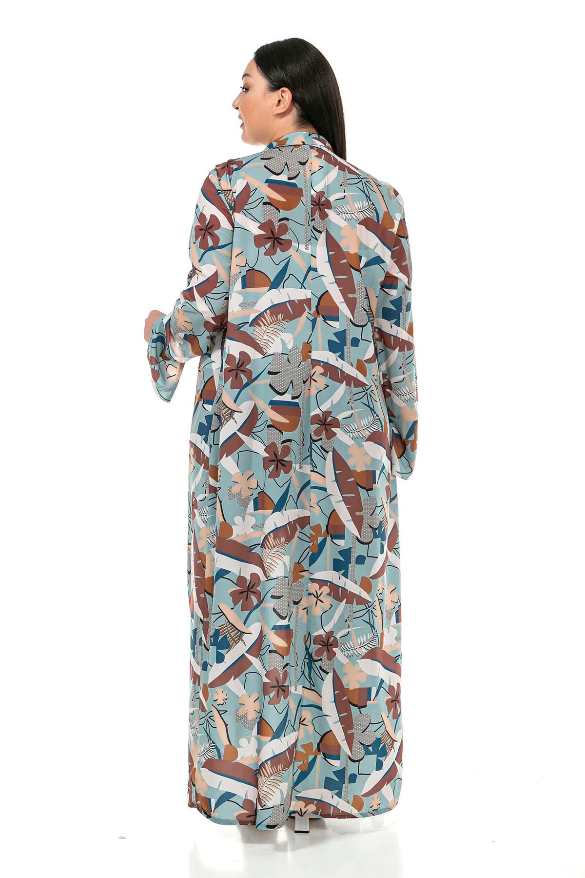 Büyük Beden Mendil Yaka Çiçek ve Yaprak Desenli Kolları Yırtmaç Detaylı Uzun Mint Kimono&Kaftan