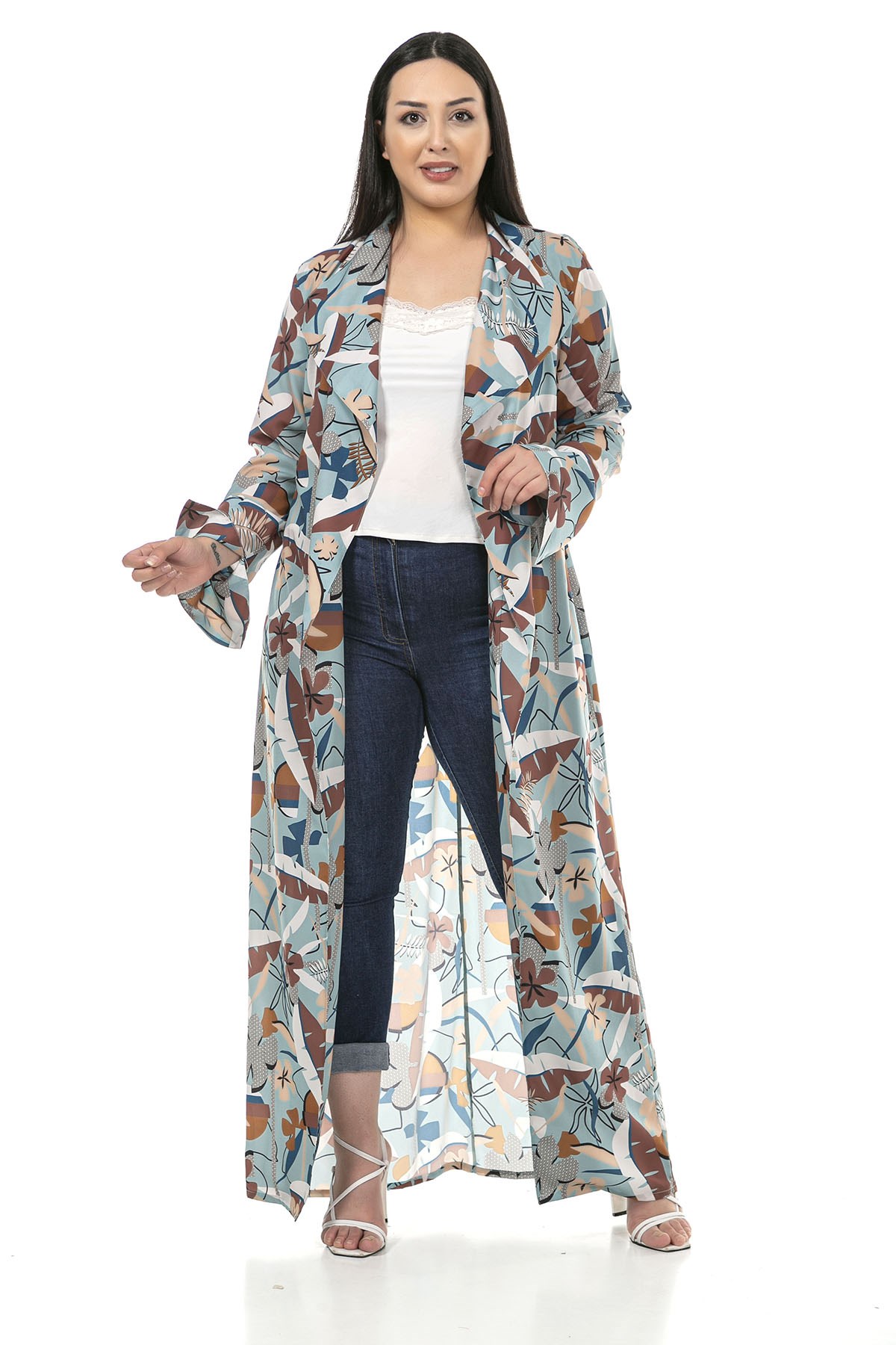 Büyük Beden Mendil Yaka Çiçek ve Yaprak Desenli Kolları Yırtmaç Detaylı Uzun Mint Kimono&Kaftan