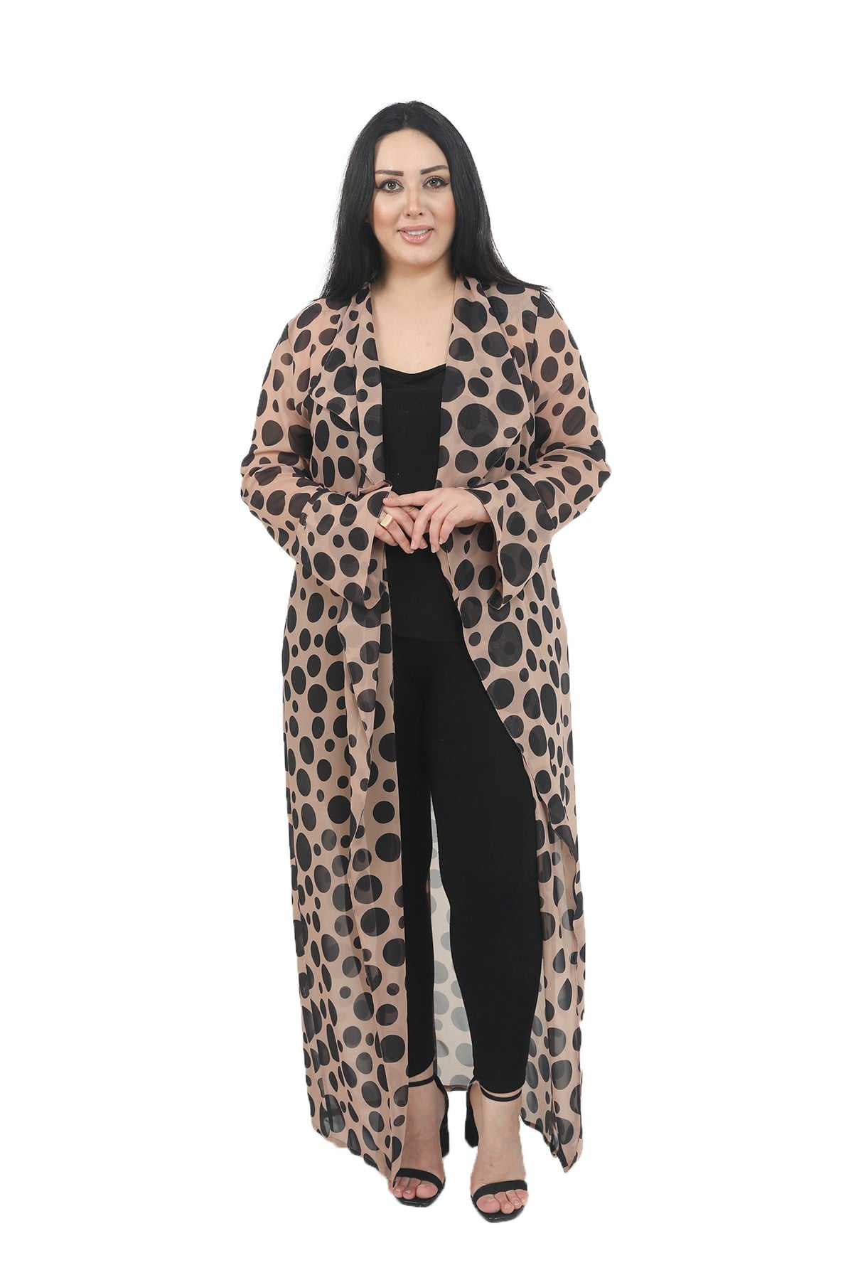 Büyük Beden Mendil Yaka Puanlı Kolları Yırtmaç Detaylı Uzun Vizon Kimono&Kaftan