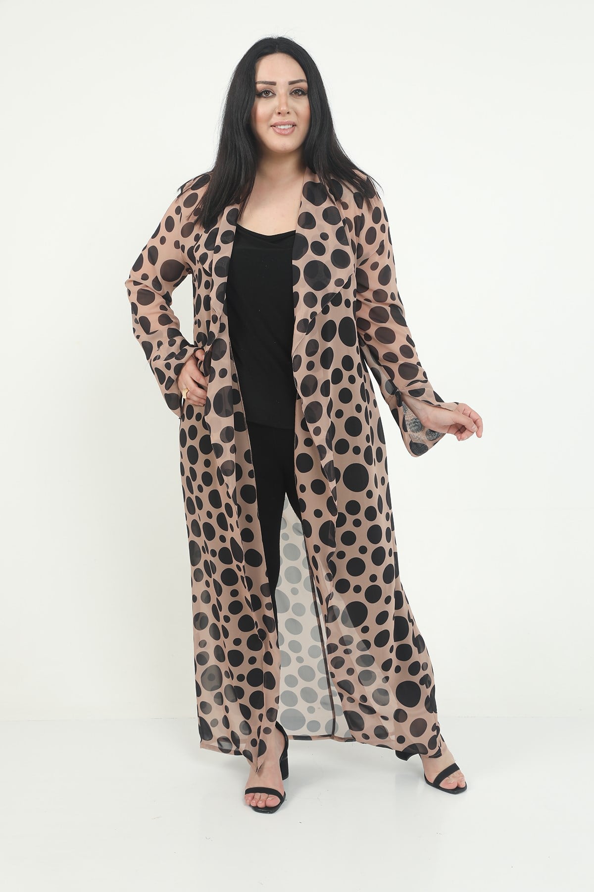 Büyük Beden Mendil Yaka Puanlı Kolları Yırtmaç Detaylı Uzun Vizon Kimono&Kaftan