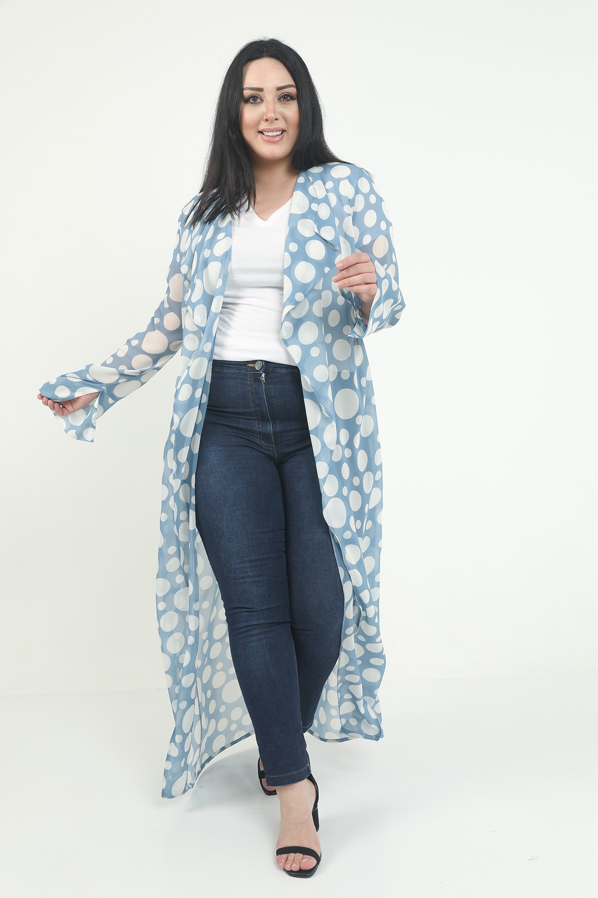Plus Size Handkerchief Collar Polka Dot Sleeves Slit Detailed Long Blue Kimono&Kaftan