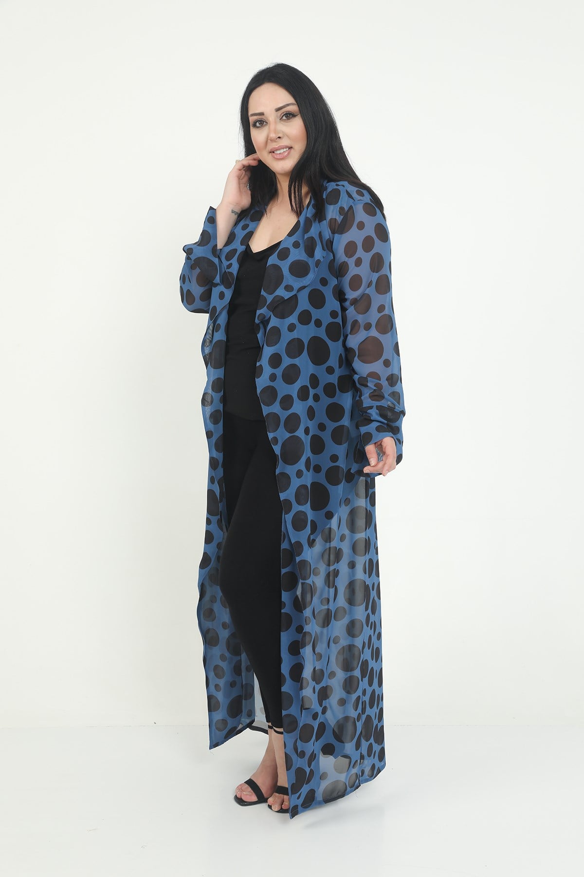Büyük Beden Mendil Yaka Puanlı Kolları Yırtmaç Detaylı Uzun İndigo Kimono&Kaftan