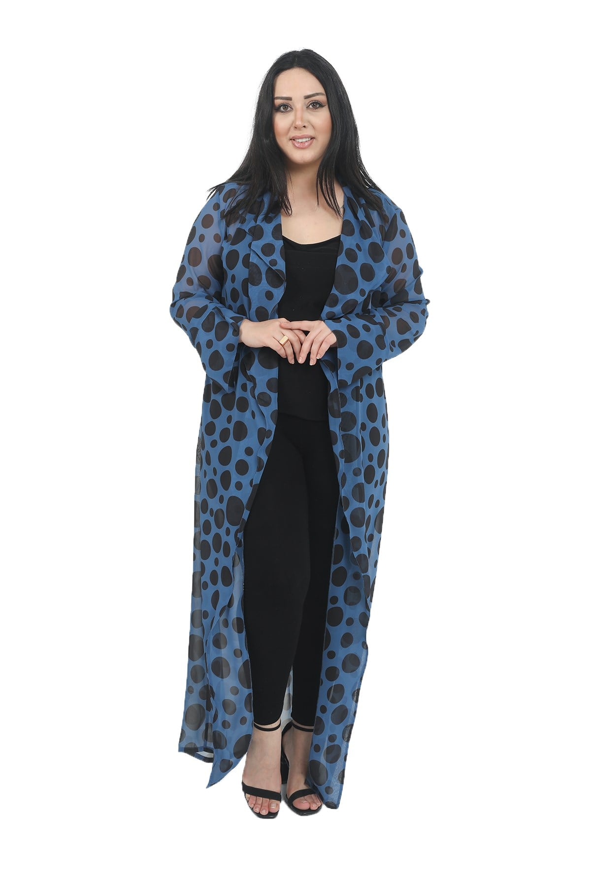 Büyük Beden Mendil Yaka Puanlı Kolları Yırtmaç Detaylı Uzun İndigo Kimono&Kaftan