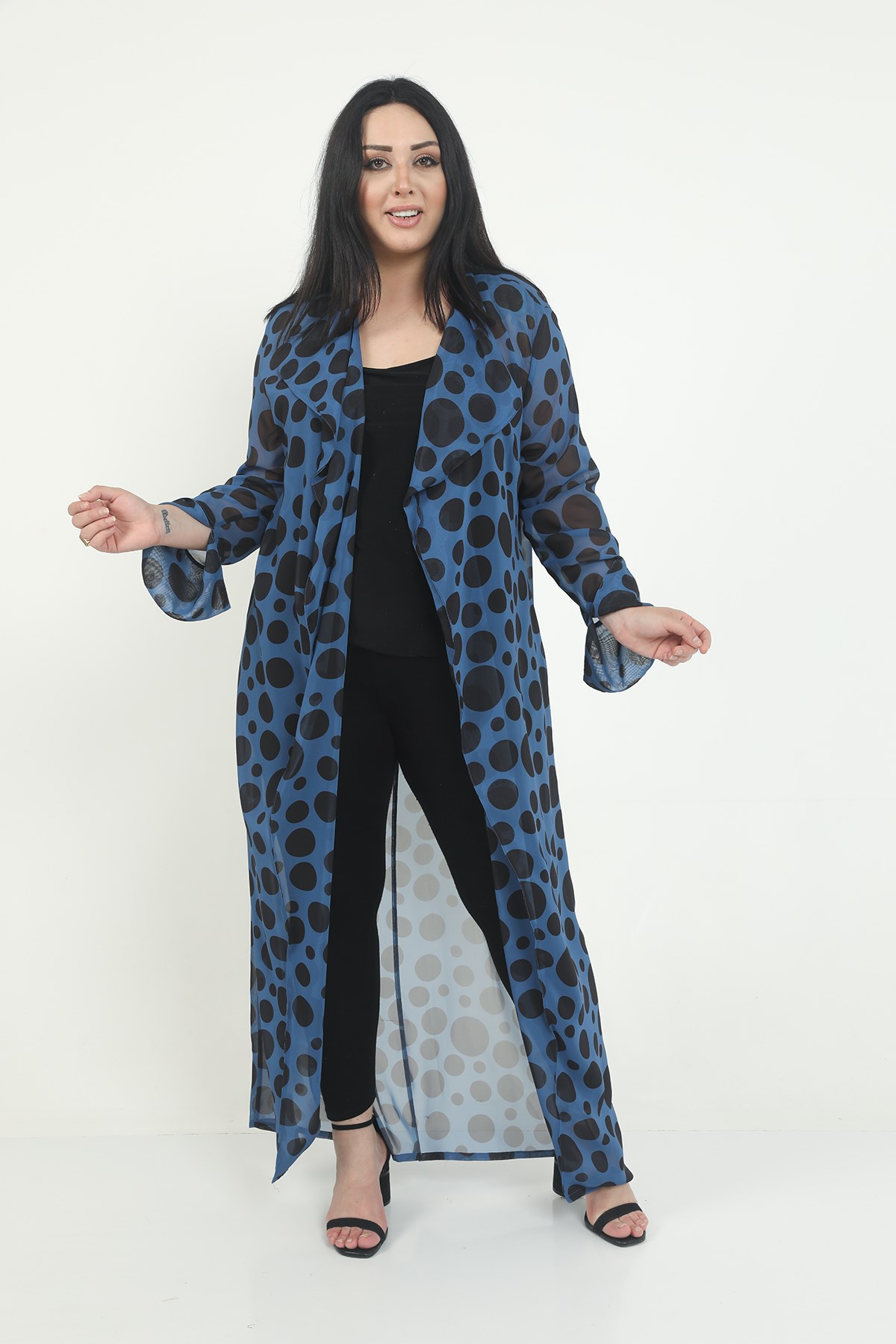 Büyük Beden Mendil Yaka Puanlı Kolları Yırtmaç Detaylı Uzun İndigo Kimono&Kaftan