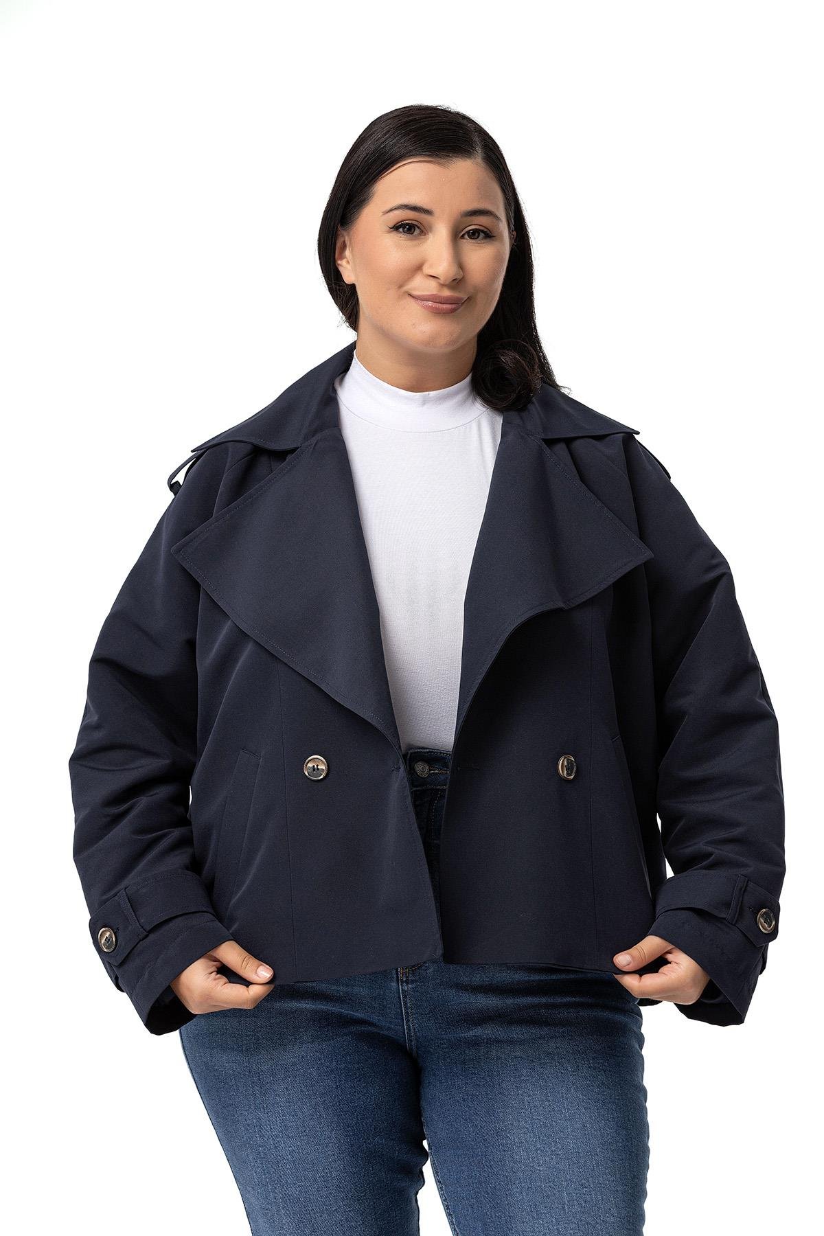 Plus Size Mono Collar Oversize Navy Blue Short Trench Coat