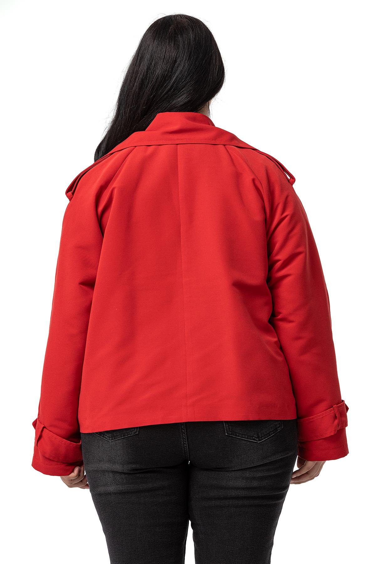 Plus Size Mono Collar Oversize Red Short Trench Coat