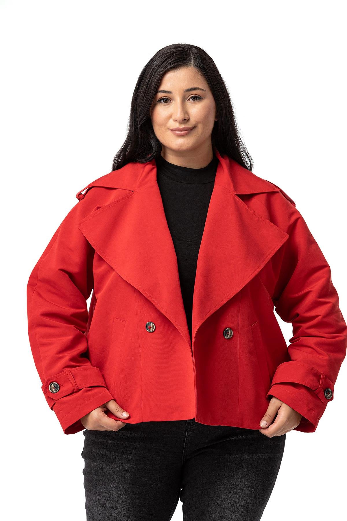 Plus Size Mono Collar Oversize Red Short Trench Coat