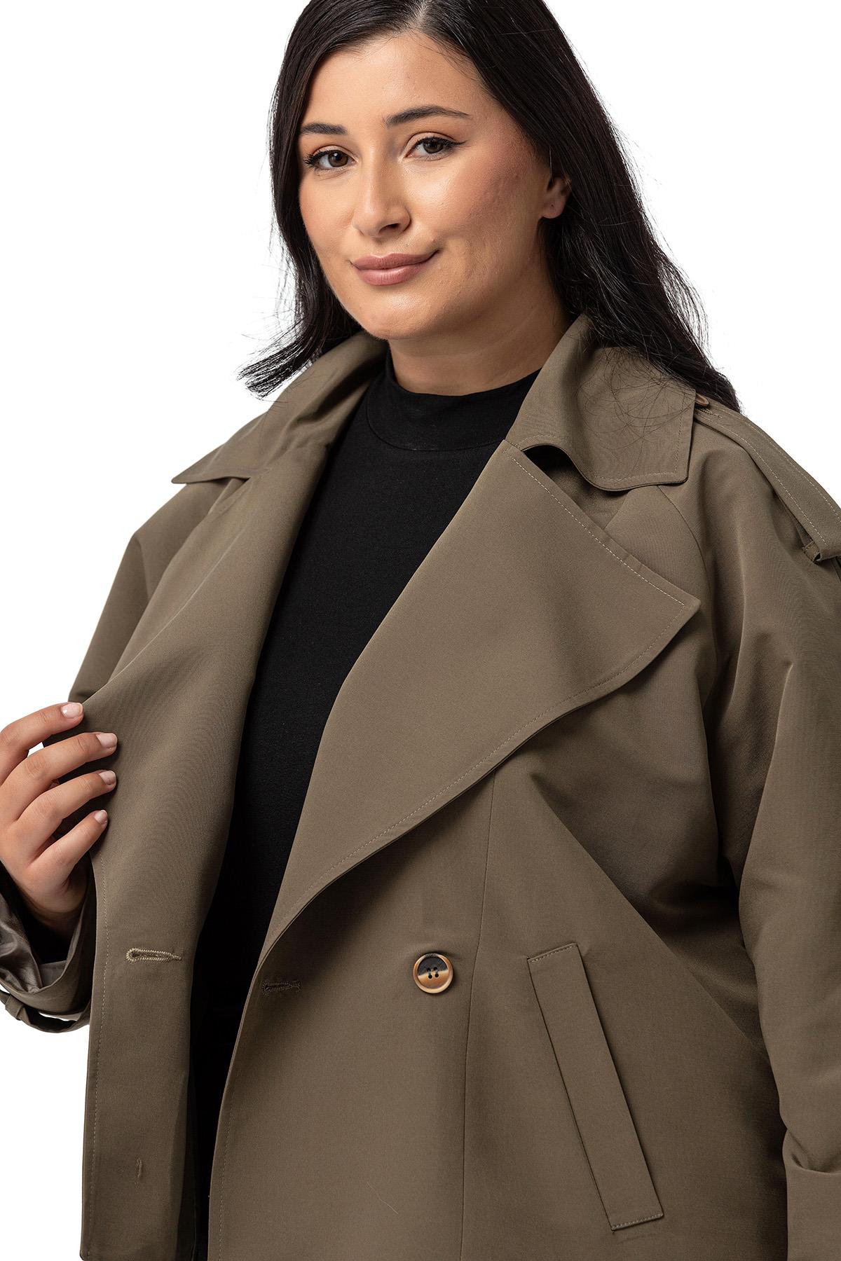 Plus Size Mono Collar Oversize Khaki Short Trench Coat