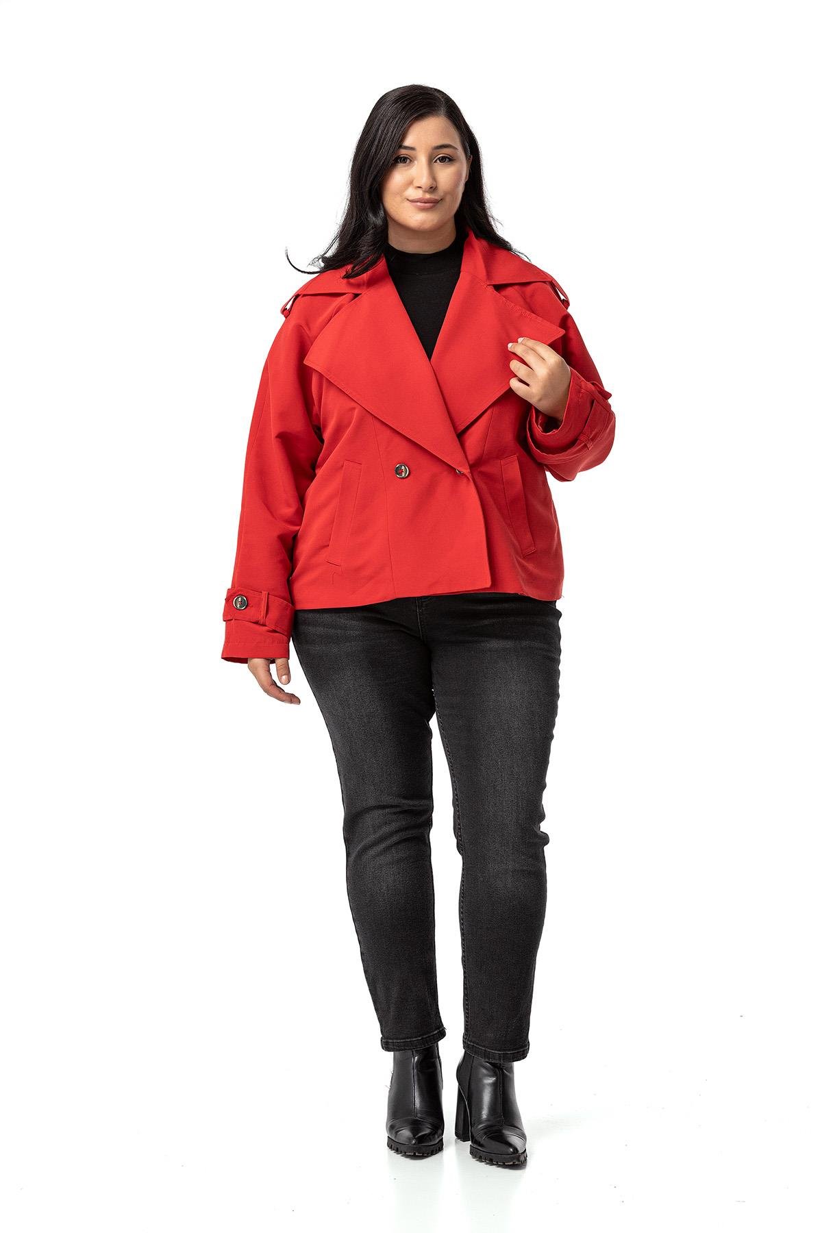 Plus Size Mono Collar Oversize Red Short Trench Coat