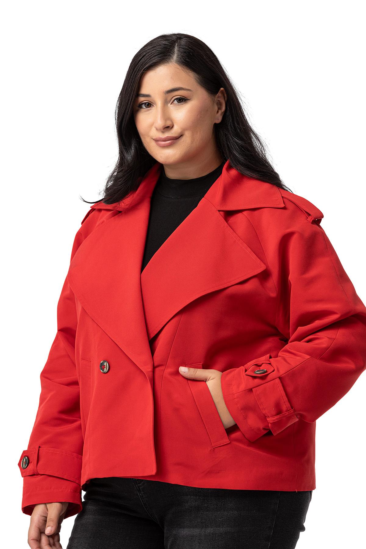Plus Size Mono Collar Oversize Red Short Trench Coat