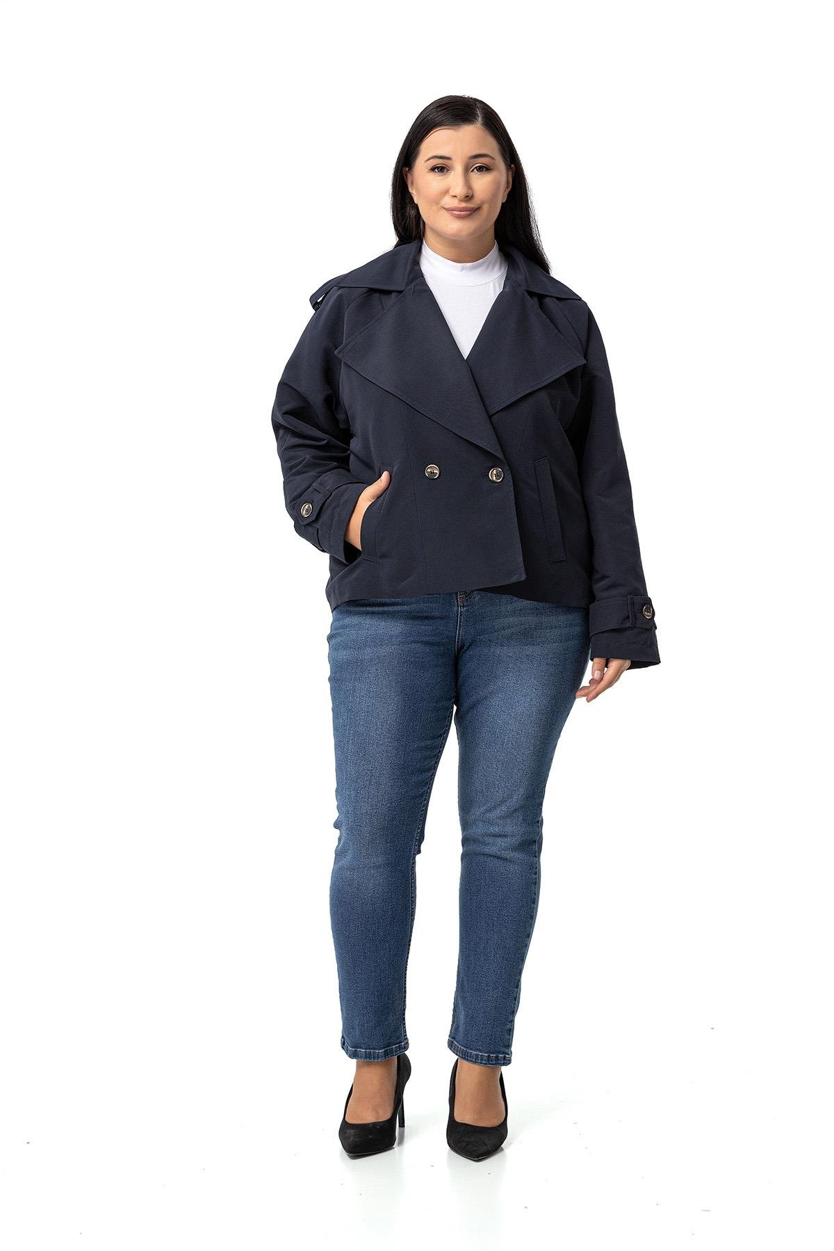 Plus Size Mono Collar Oversize Navy Blue Short Trench Coat