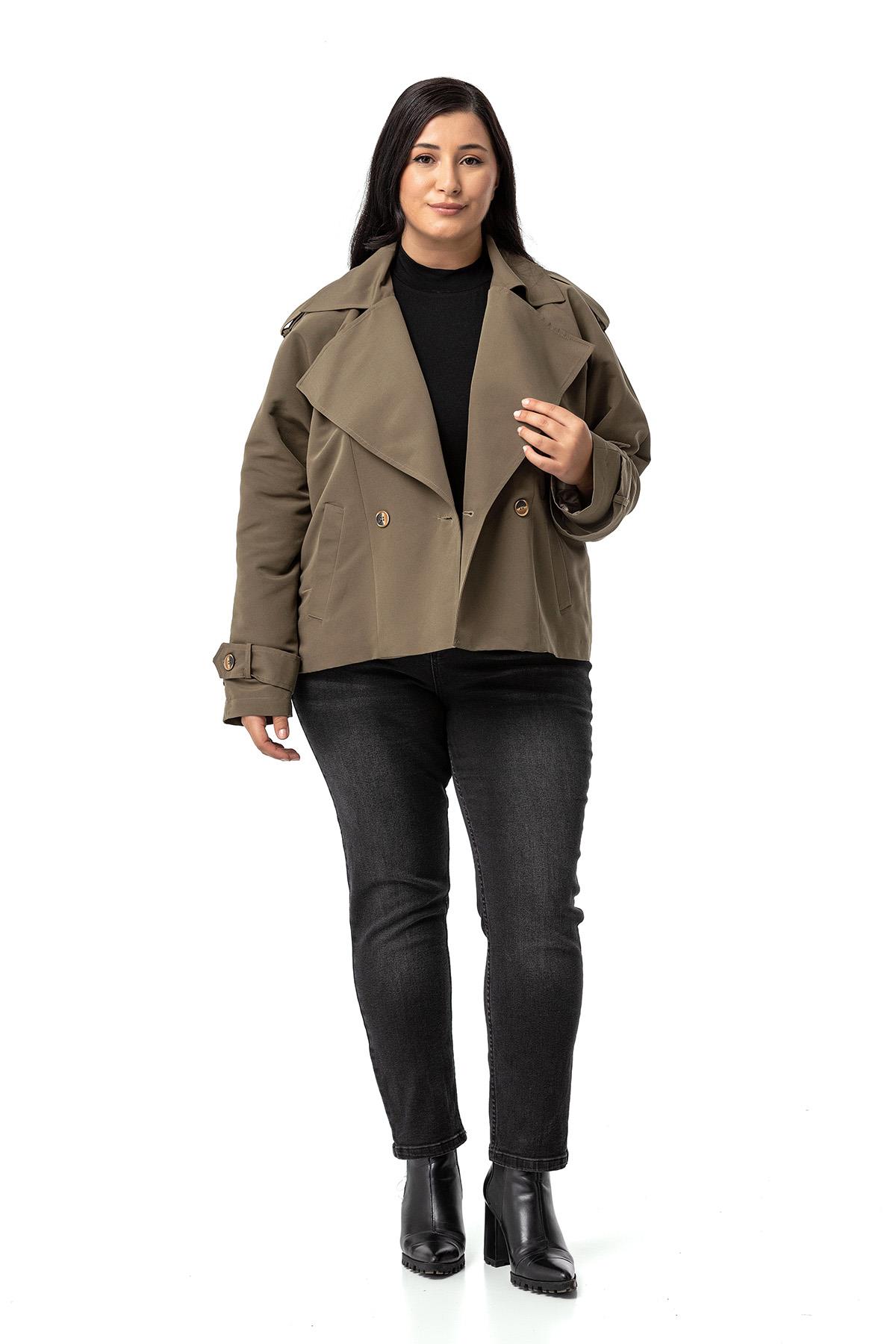 Plus Size Mono Collar Oversize Khaki Short Trench Coat