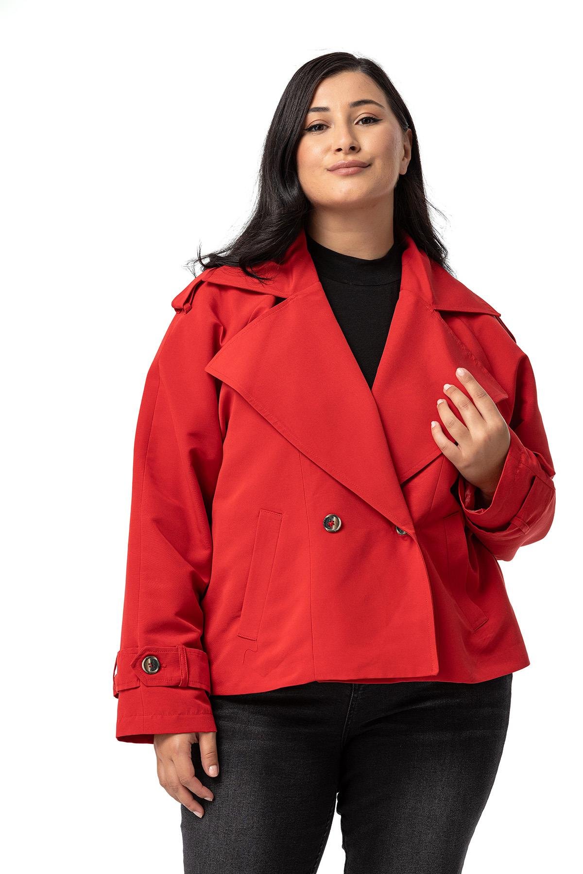 Plus Size Mono Collar Oversize Red Short Trench Coat