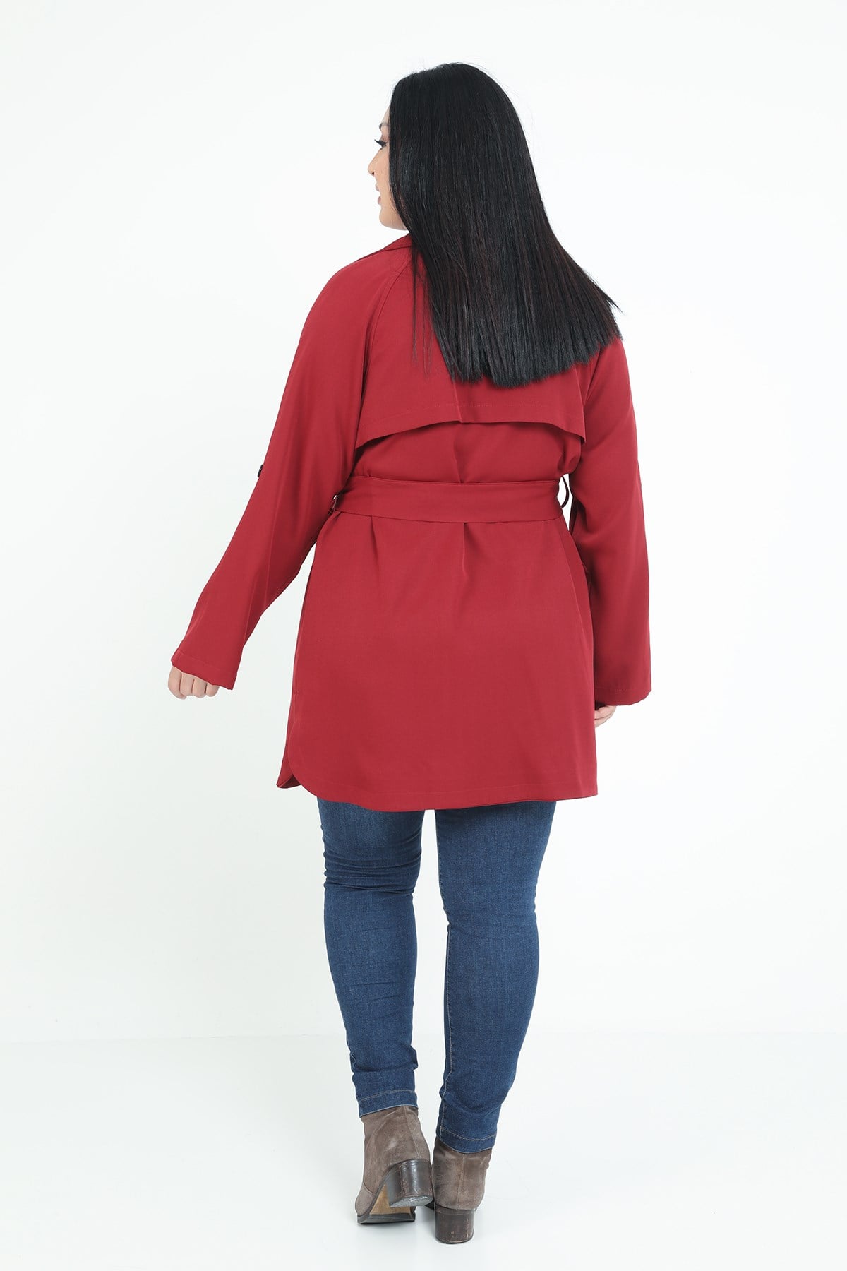 Plus Size Mono Collar Pocket Windbreaker Side Slit Claret Red Jacket