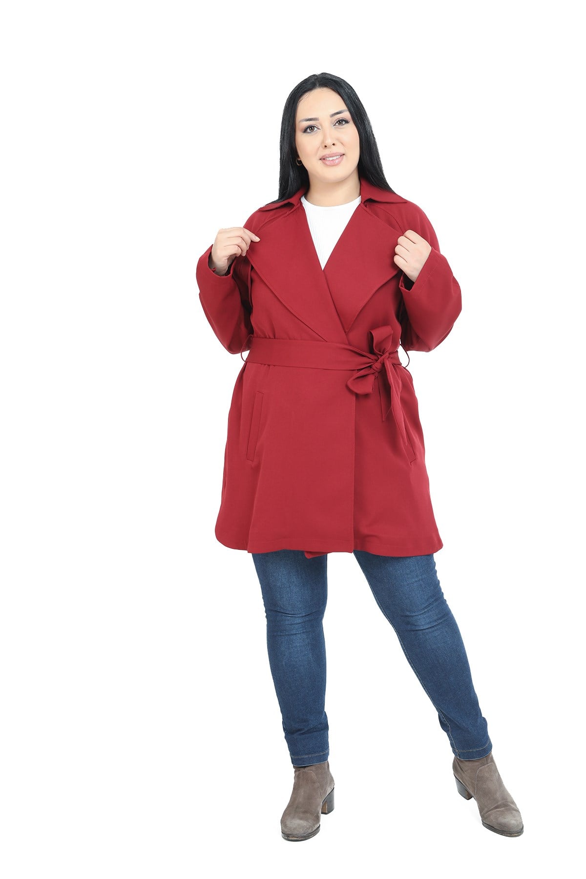 Plus Size Mono Collar Pocket Windbreaker Side Slit Claret Red Jacket
