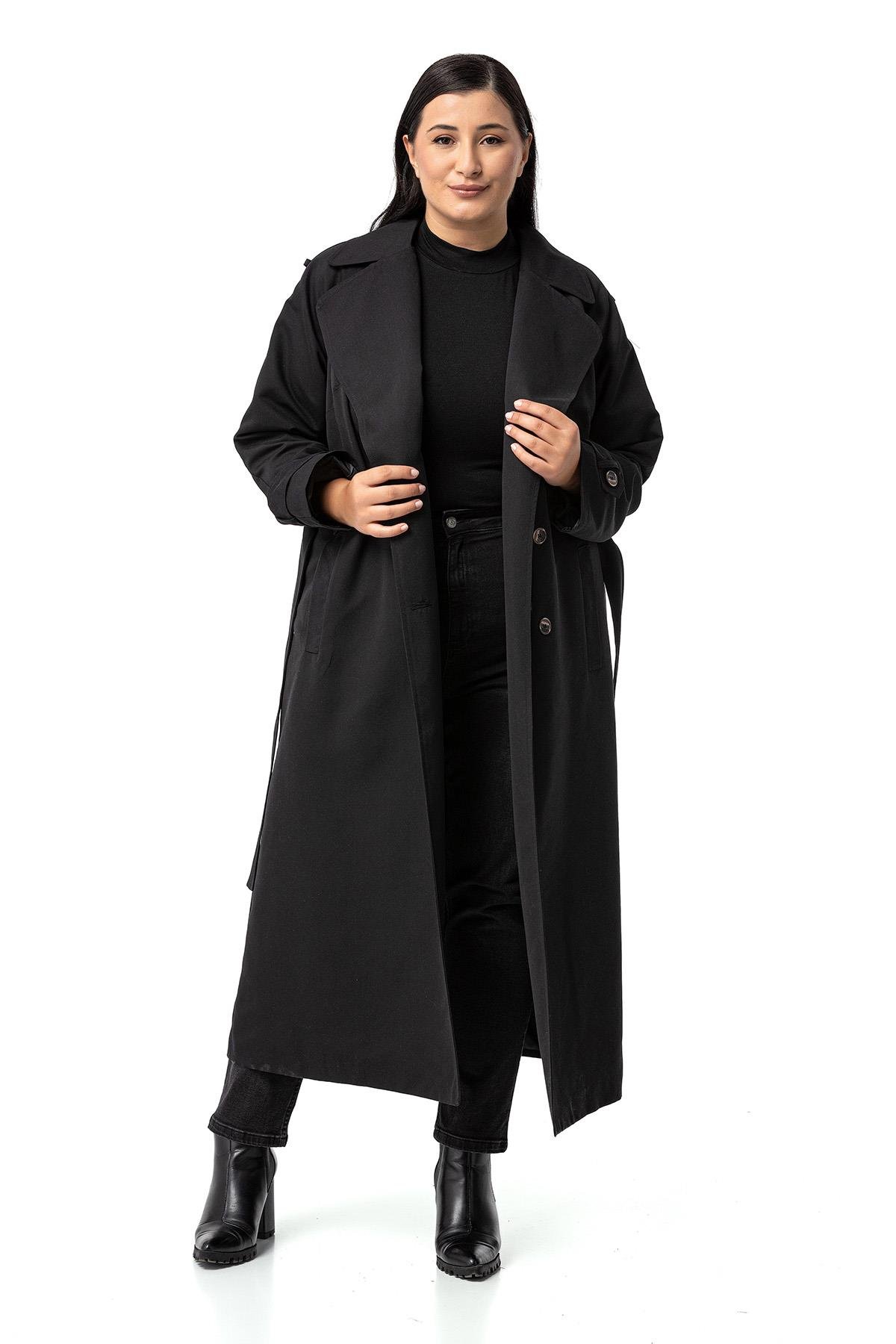 Plus Size Double Breasted Long Black Trench Coat