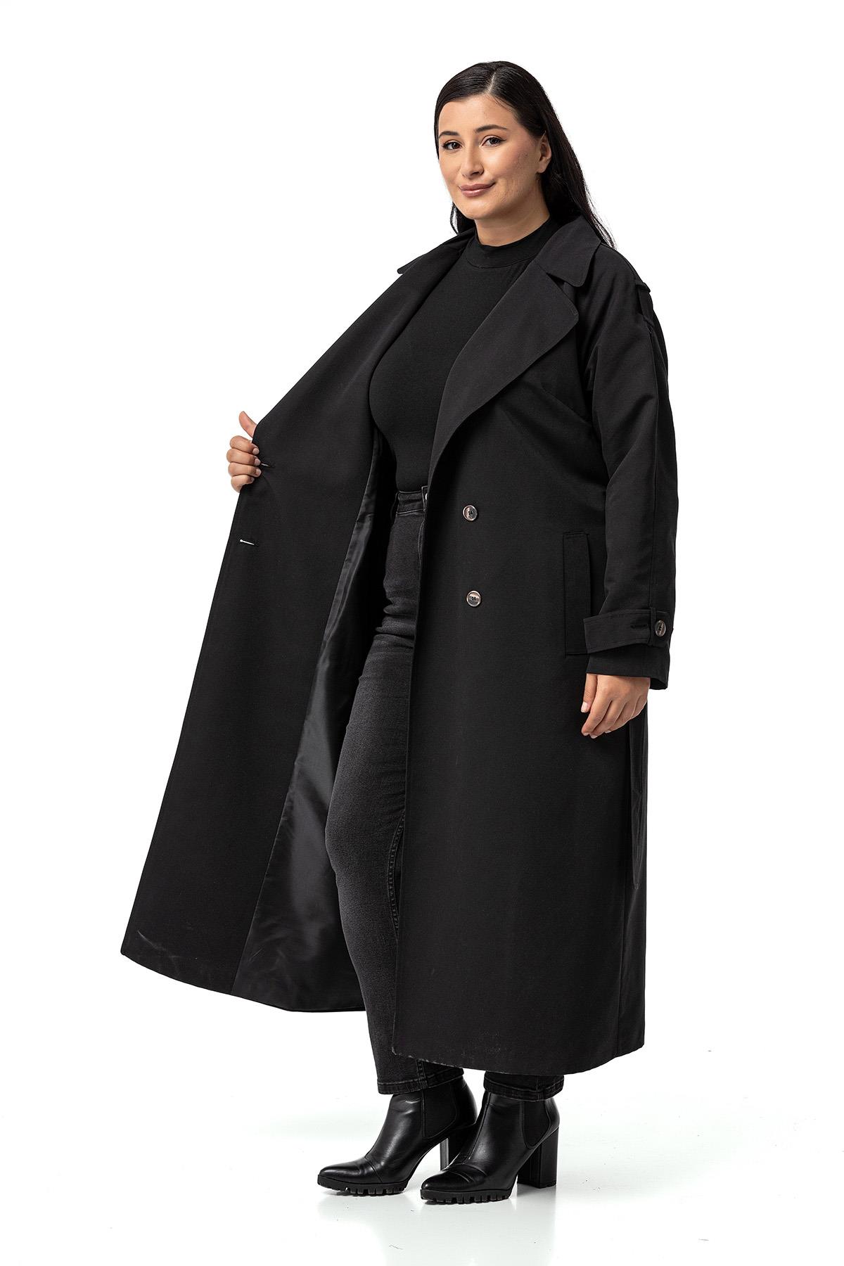 Plus Size Double Breasted Long Black Trench Coat