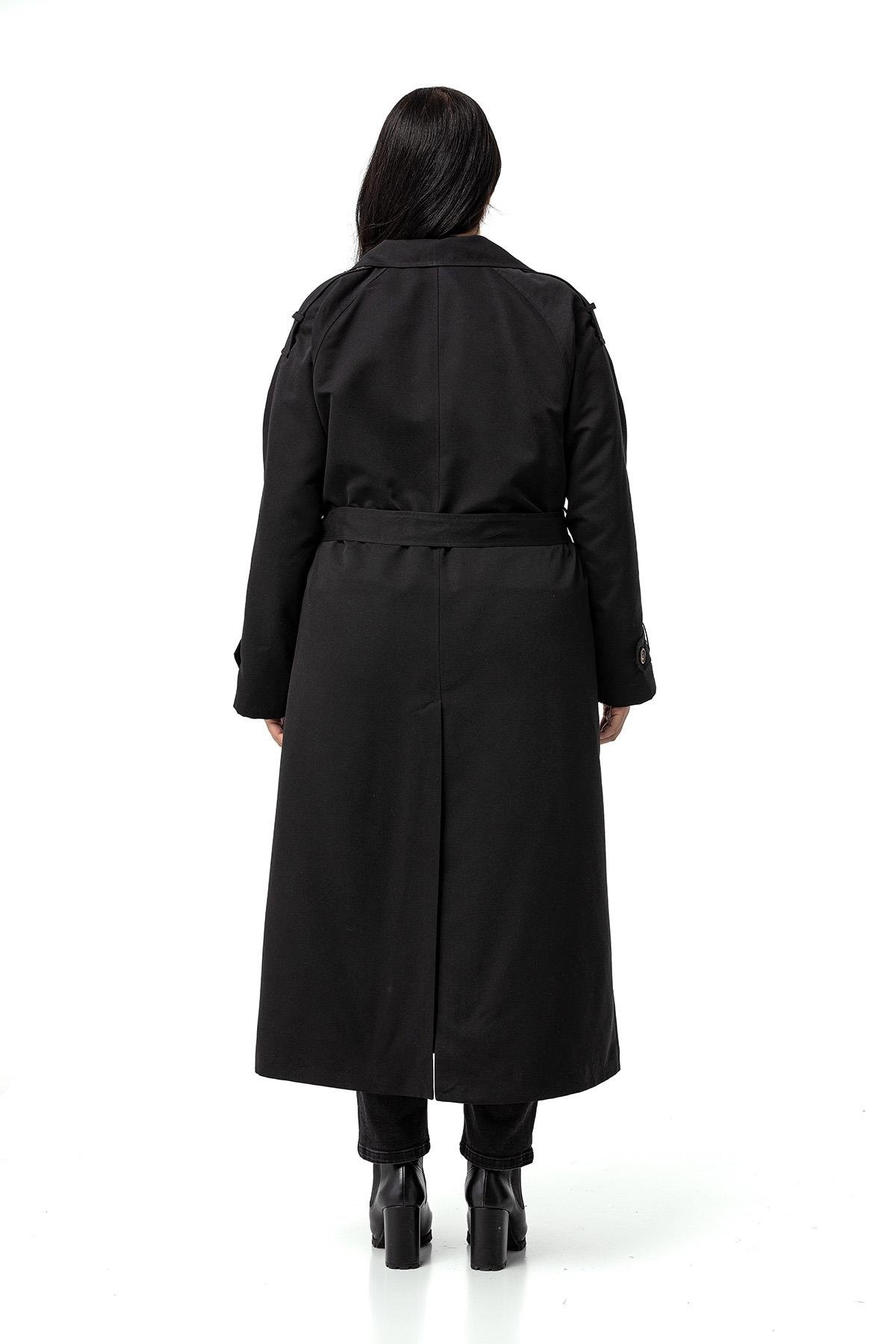 Plus Size Double Breasted Long Black Trench Coat