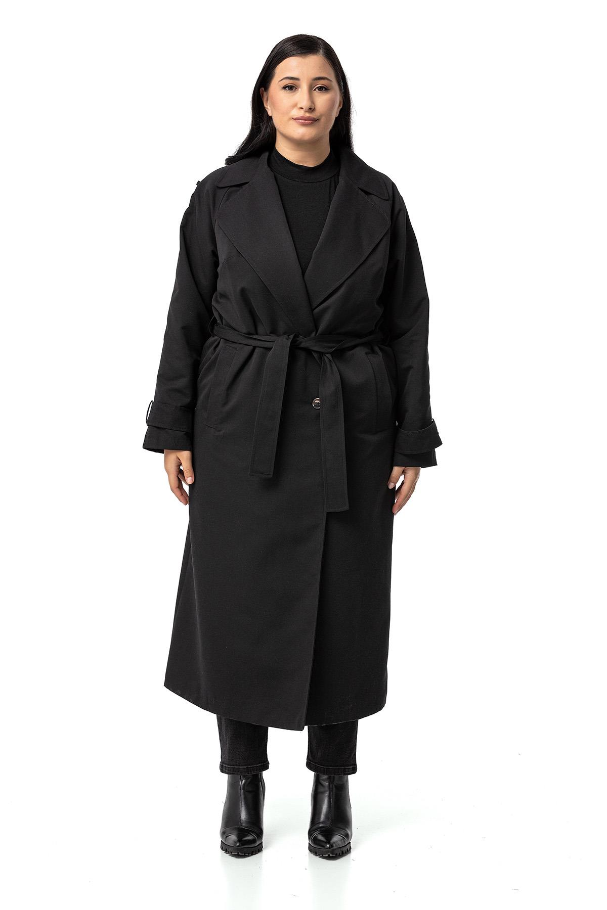Plus Size Double Breasted Long Black Trench Coat