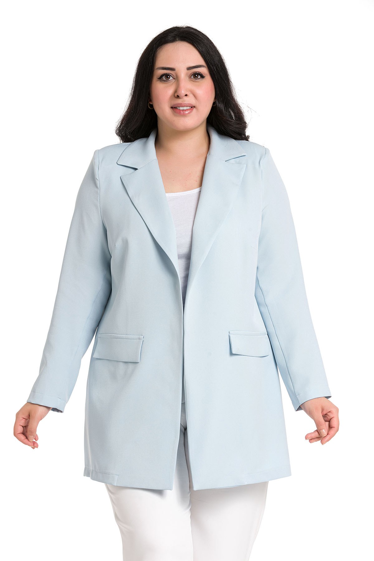 Plus Size Mono Collar Ornamental Pocket Flap Baby Blue Unlined Jacket