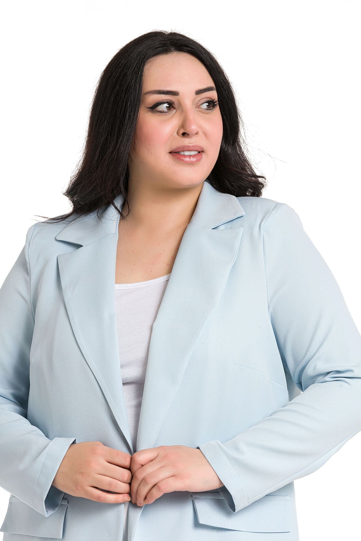 Plus Size Mono Collar Ornamental Pocket Flap Baby Blue Unlined Jacket